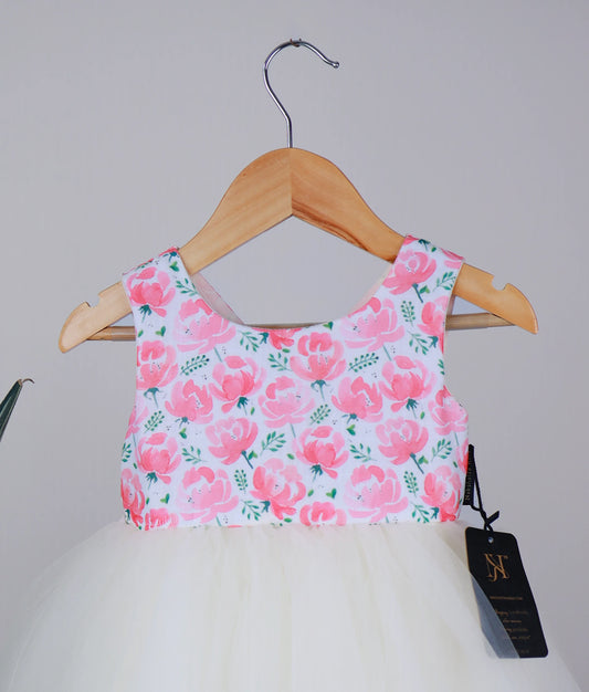 Pink Floral Print Yoke With Offwhite Tulle Net Skirt Frock For Baby Girl [Ready to ship :5291]