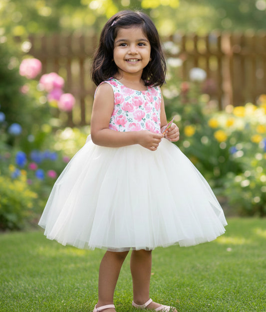 Pink Floral Print Yoke With Offwhite Tulle Net Skirt Frock For Baby Girl [Ready To Ship: 5291]