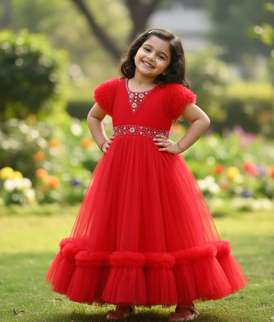 Scarlet Red Tulle Net Handworked Birthday Gown For Baby Girl [Ready to ship: 5587]
