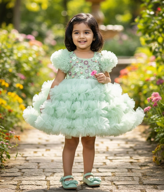 Pastel Green Tulle Net Handworked Birthday Frock For Baby Girl [Ready To Ship: 2128]