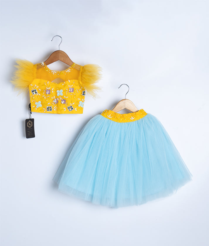 Yellow and blue baby girl dress with feathered sleeves and tulle skirt