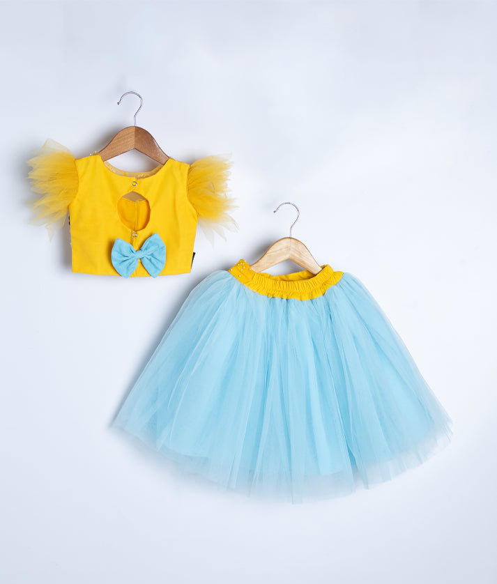 Two-piece yellow and blue baby dress with floral top and tulle skirt