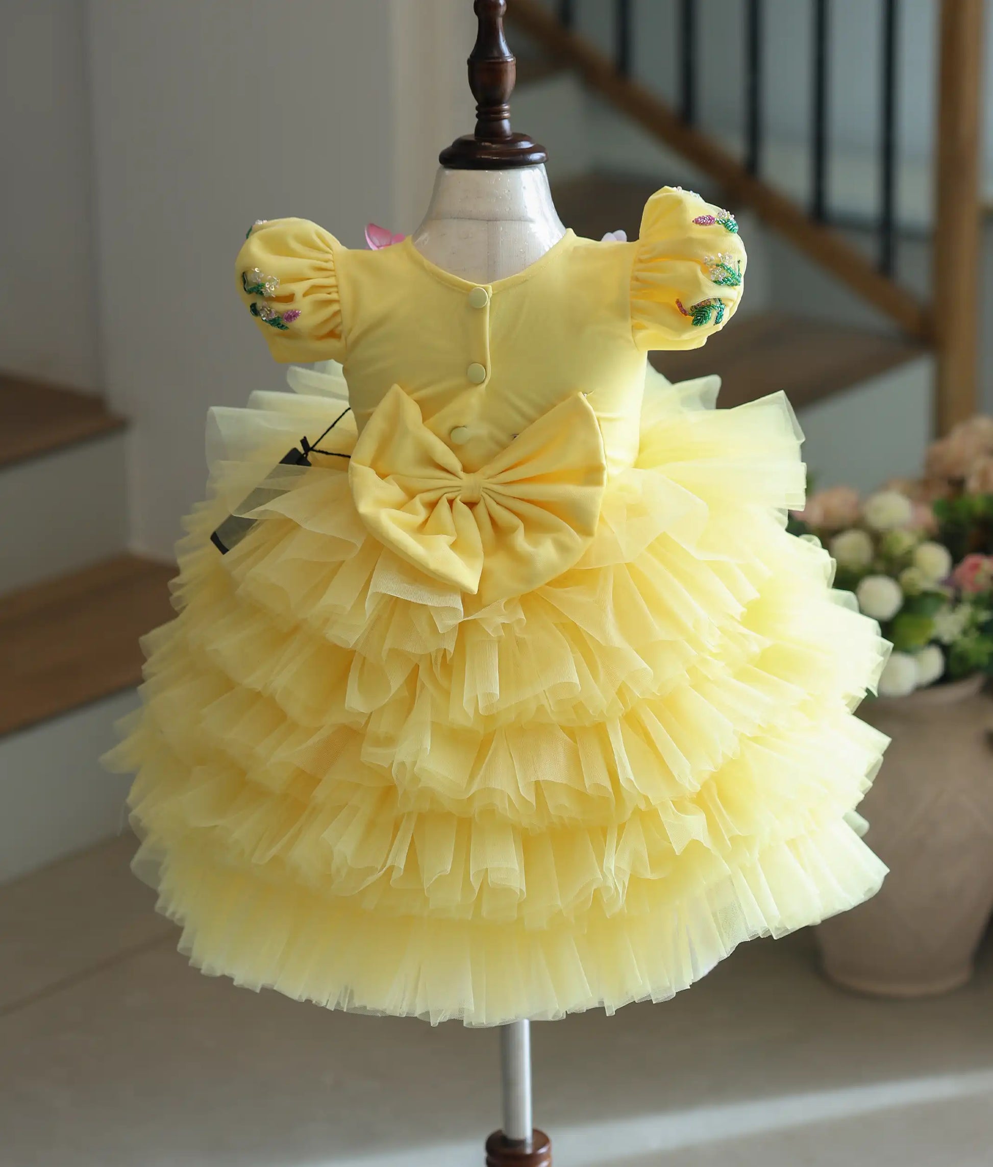 Yellow handwork butterfly theme step birthday dress for baby girl – back view