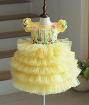 Yellow handwork butterfly theme step birthday dress for baby girl – front view