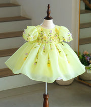 Yellow organza flower theme birthday frock for baby girl – front view