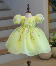 Yellow organza flower theme birthday frock for baby girl – front view