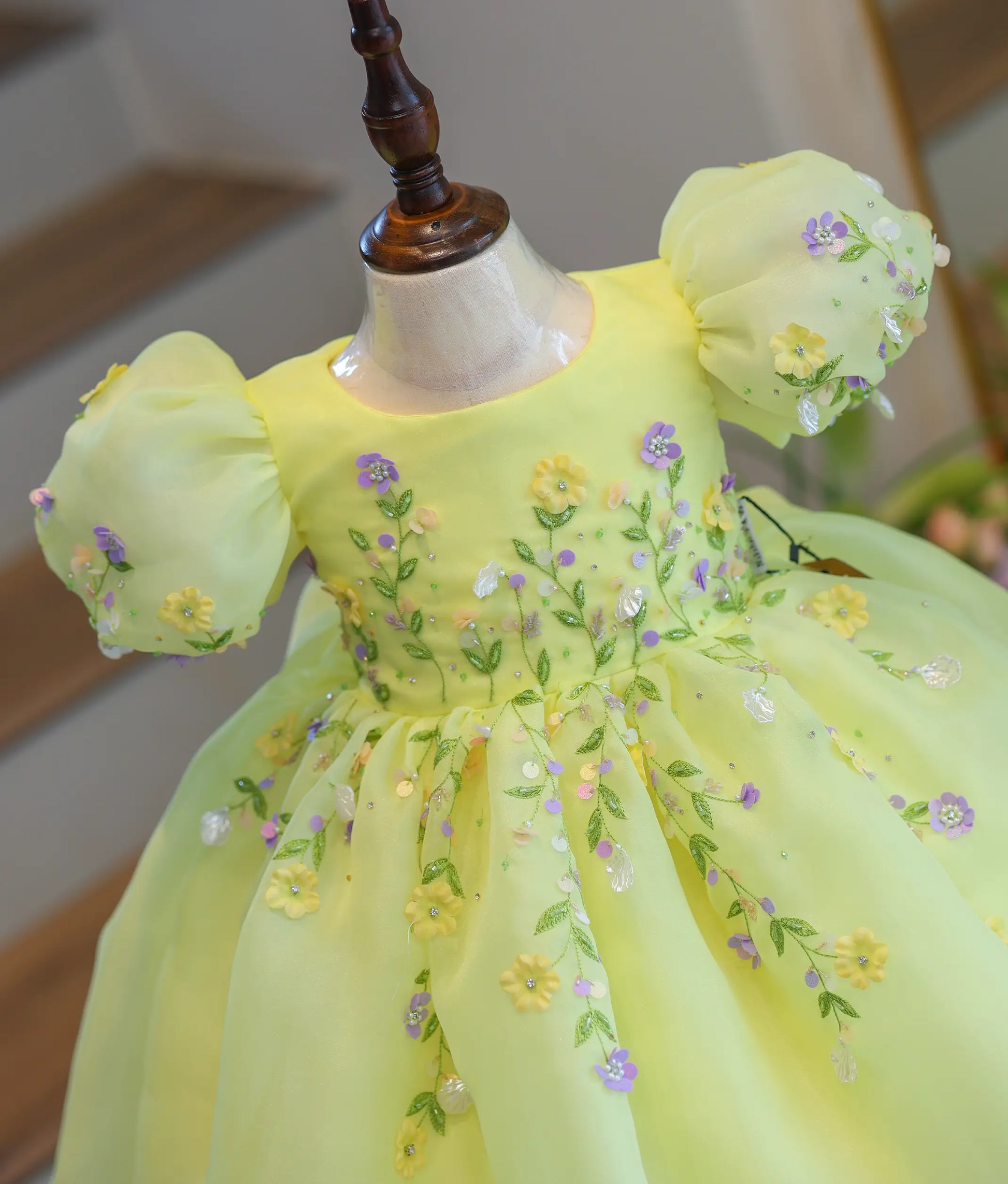 Yellow organza flower theme birthday frock for baby girl – back view