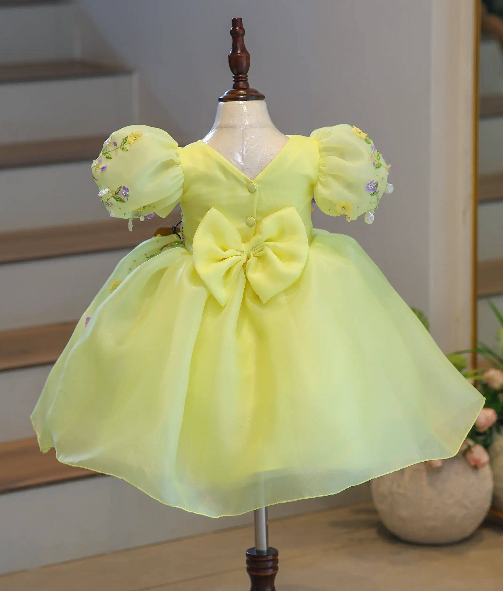 Yellow organza flower theme birthday frock for baby girl – back view