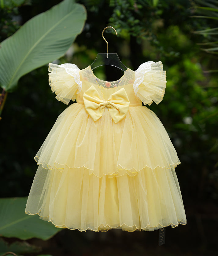 Pastel yellow organza birthday frock, back view with floral embroidery for baby girl 