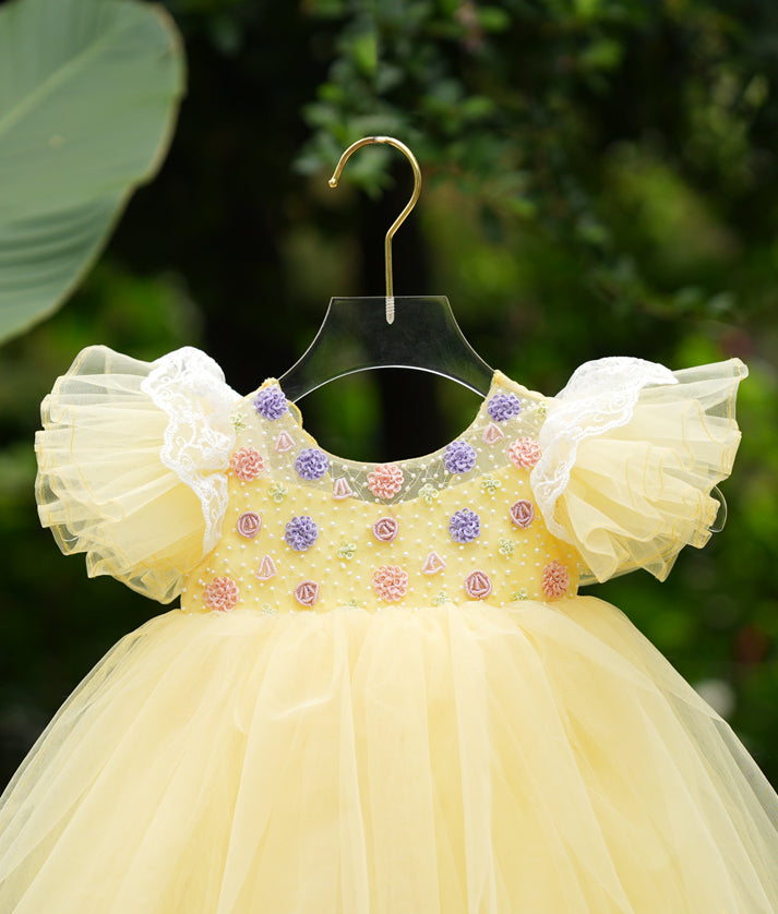 Pastel yellow organza birthday frock close-up with floral embroidery for baby girl 