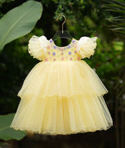 Pastel yellow organza birthday frock with floral embroidery for baby girl