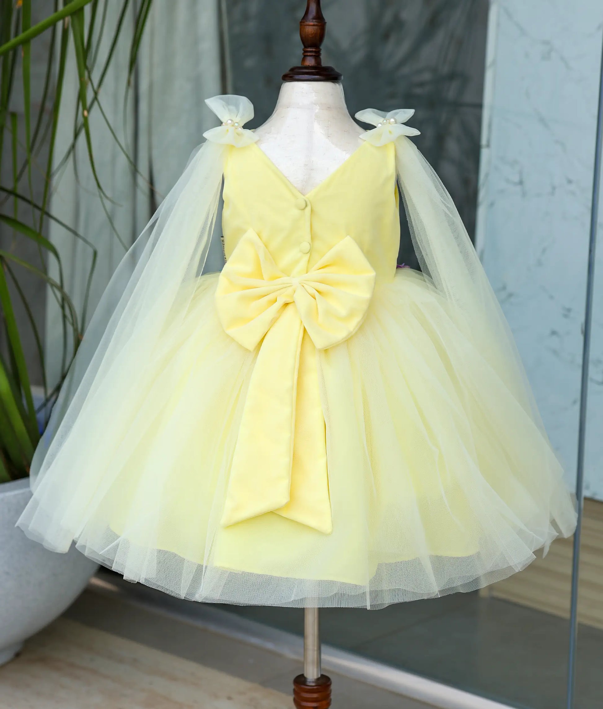Yellow tulle net honey bee theme birthday dress for baby girl – back view