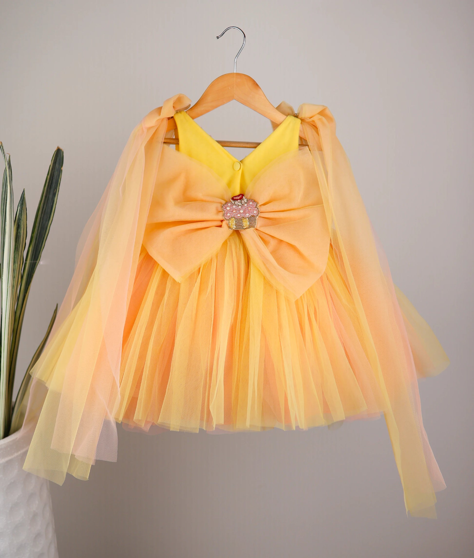 Yellow tulle net multi theme birthday frock for baby girl – back view