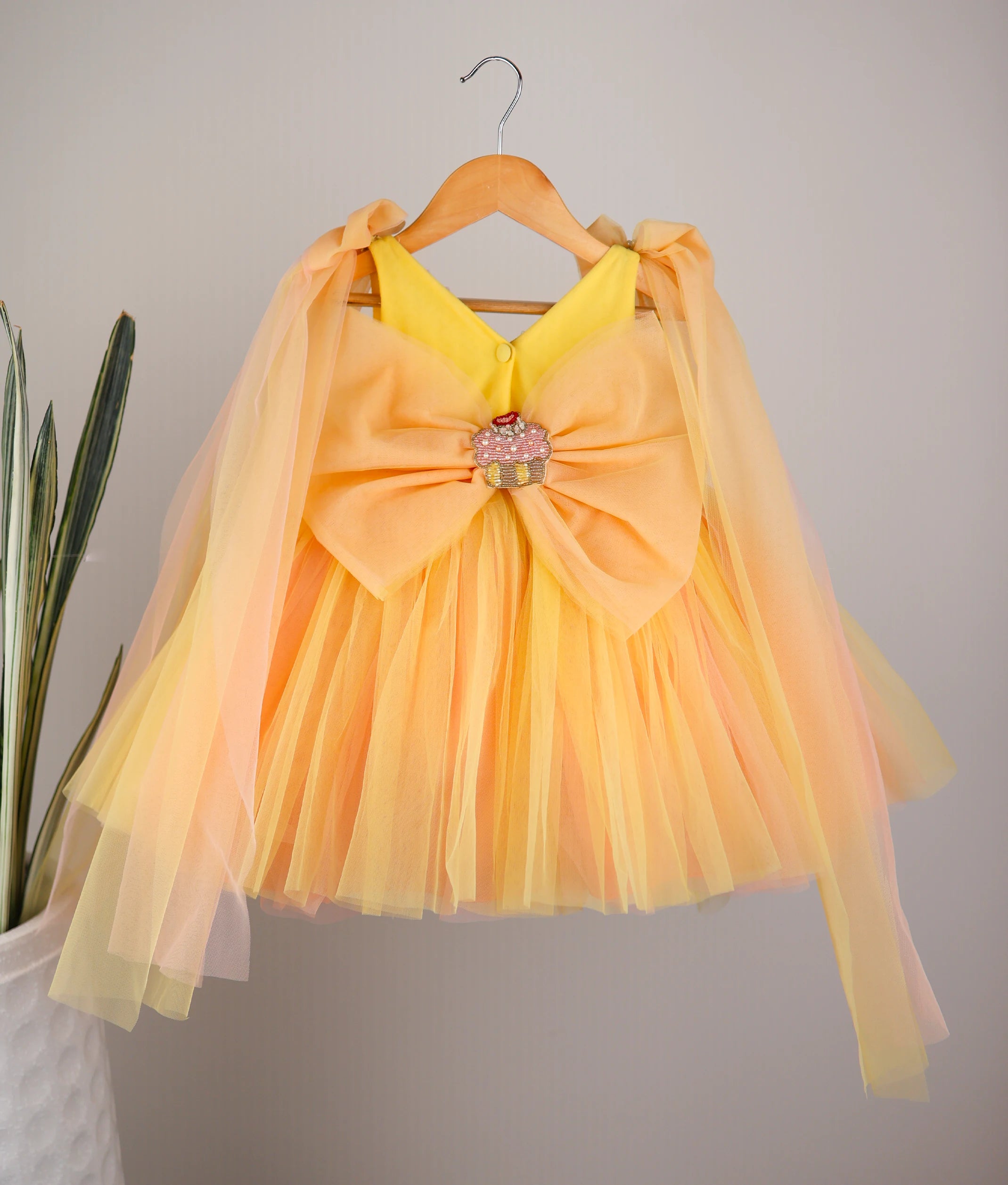 Yellow tulle net multi theme birthday frock for baby girl – back view